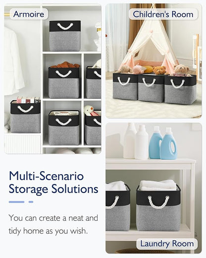 Patvingot 11 Inch Cube Storage Bins, 4 Pack Fabric Storage Cubes with Rope Handles, Organizer Baskets for Closet Shelves, Clothes and Home Organization(Dark/Gray)