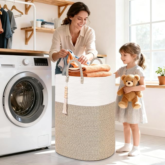 Woven Laundry Basket for Clothes, 80L Large Rectangle Laundry Hampers with Beads Tassel, Nursery Storage Basket for Toys, Tall Dirty Clothes Hamper for Bedroom Aesthetic, Laundry Room Organization