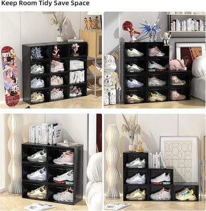 8 Pack XL Drop Side Shoe Box, Entryway Shoe Storage Box, Shoe Organizer for Closet Fit US 12(8 PACK Black)