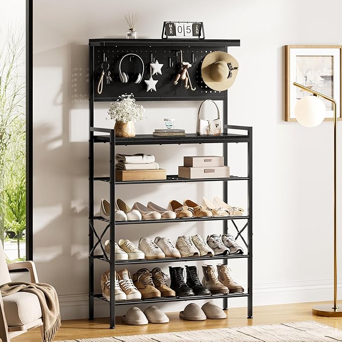 Tall Shoe Rack, 6-Tier Wooden Shoe Storage with Hole Panel, 7 Hooks, for 16-20 Pairs, Wooden Top Shelf, Sturdy, Industrial, Entryway Organizer, Closet Hallway Bedroom Dorm, Black