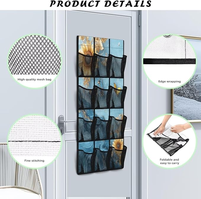 Sunflowers Over The Door Shoe Organizer Mesh Pockets Door Hanger Organizer for BedRoom Blue Marble Multi-Funtion Storage Bag 12 Pockets Multi-Pocket Shoe Holder Hanger