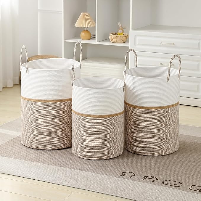 Laundry Basket Hamper Tall Rope Storage Woven for Blanket toys Dirty Clothes in Living Room Bathroom Bedroom (Blend White & Camel, 60L/15.8Gal)