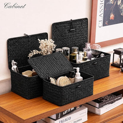 Nonam Storage Basket with Lid, Natural Seagrass Bin with Lid Set of 3, Shelf Baskets Multipurpose Container for Boho Decoration, Rectangular Household Storage Boxes for Home Organization-Black