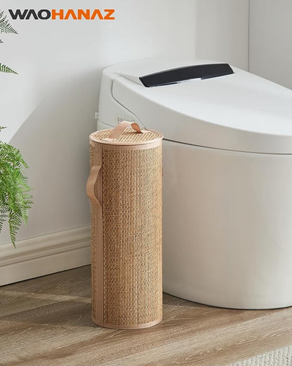 Bamboo Toilet Paper Storage Basket with Lid & Handle - 10L Handwoven Bathroom Organizer for 4 Rolls - Sturdy Stand Holder for Toilet Paper Organization, Carbon Brown