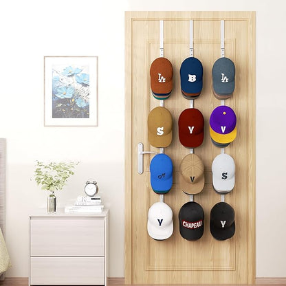 HapiRm Over Door Hat Rack - 3 Packs Hat Organizer with 12 Hooks Design, Hanging Baseball Cap Organizer Storage Holds Up to 60 Caps for Door, Bedroom, Closet (White)