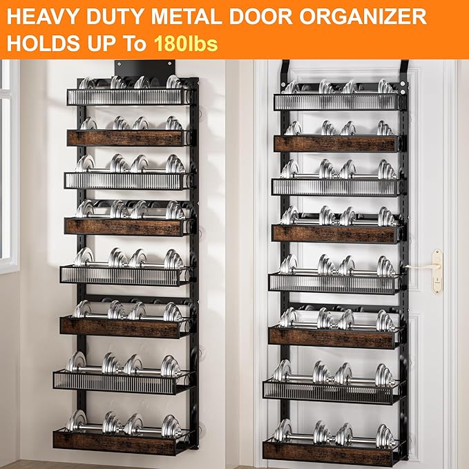8 Tier Pantry Door Organizer Spice Rack, 2-IN-1 Wall Mount or Hanging Over Door Seasoning Organizer with Adjustable Baskets, Heavy Duty Behind Door Storage Shelves for Pantry, Cabinet and Kitchen