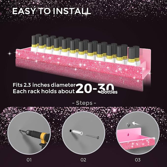 4 Pack 15 Inch Nail Polish Organizer，Diamond Crystal Rhinestone Acrylic Nail Polish Organizer，Sunglasses Essential Oil Picture Display Storage Pink