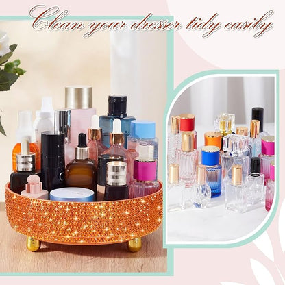 Honeydak Orange Bling Perfume Makeup Organizer Bling Mother's Day Nurses Day Gifts for Women Bathroom Organizers and Storage 360 Rotating Makeup Organizer for Countertop(Resin Stone)