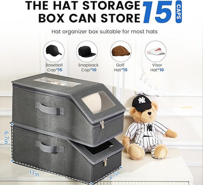 2 Pack Hat Storage for Baseball Caps, Hat Box with Clear View Window, Hat Organizer for Baseball Caps Holds 30 Caps with Cardboard for Men & Women, Ball Cap Organizer for Closet & Shelf (Dark Gray)