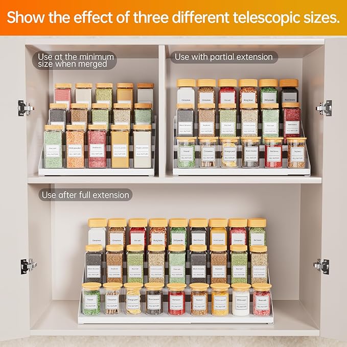 RCHYFEED Spice Rack Organizer for Cabinet, Expandable 3 Tiered Spice Rack, Metal Spices Organizer, Height Adjustable Fits More Space, Display Shelf Organizers for Cabinet Countertop Pantry Cupboard