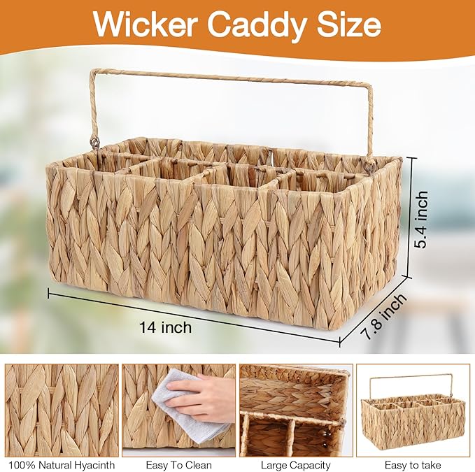 Wicker Silverware Organizer Basket,Hand Woven Kitchen Utensil Holder with Handles,Flatware Storage Caddy for Countertop Dining Picnic Party Table,Natural Cutlery Caddy for Plates,Napkins&Utensils