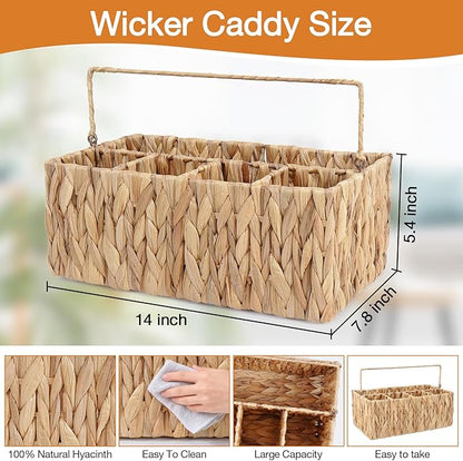 Wicker Silverware Organizer Basket,Hand Woven Kitchen Utensil Holder with Handles,Flatware Storage Caddy for Countertop Dining Picnic Party Table,Natural Cutlery Caddy for Plates,Napkins&Utensils