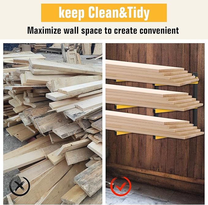 3-Level Collapsible Lumber Metal Storage Rack, Wall-Mounted Wood Organizer for Indoor and Outdoor Use, 2 Pack