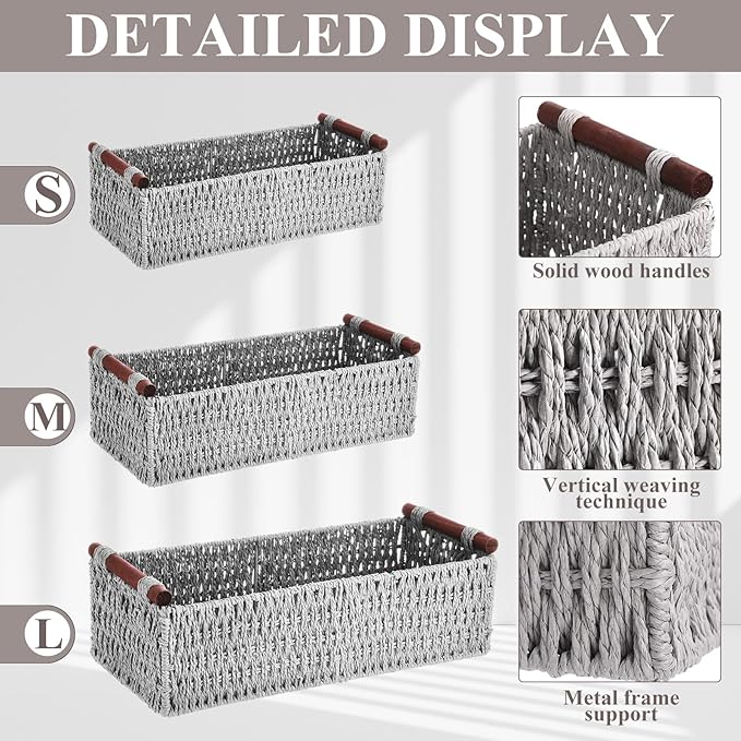 Boao 3 Pcs Boho Storage Wicker Baskets Handmade Woven Decorative Paper Rope Baskets for Organizing with Handle Countertop Toilet Paper Storage Container for Toilet Tank Top(Light Grey,Rectangle)