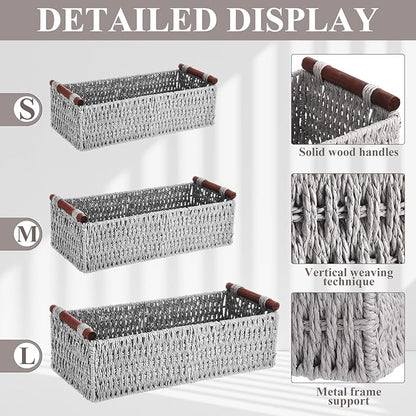 Boao 3 Pcs Boho Storage Wicker Baskets Handmade Woven Decorative Paper Rope Baskets for Organizing with Handle Countertop Toilet Paper Storage Container for Toilet Tank Top(Light Grey,Rectangle)