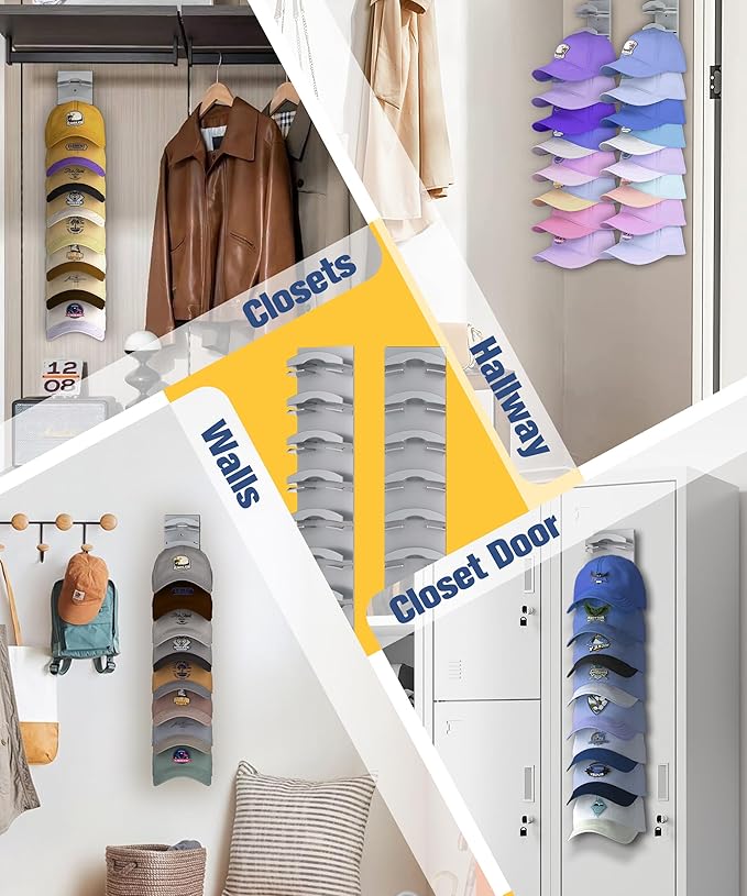 Hat Organizer for Baseball Caps 2 Pack, Hat Rack for Wall Hold up to 20 Hats with Strong Adhensive, Hats Holder Hanger Space Saving for Displlay, Cap Organizer Storage Multilayer(Grey)
