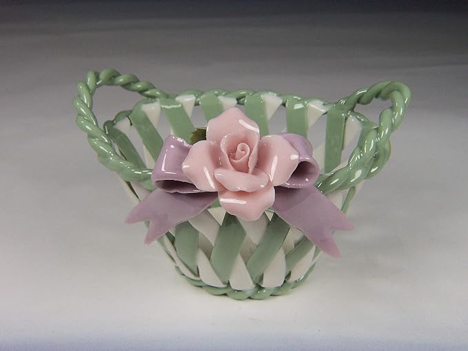 Cosmos Gifts Fine Porcelain Green and White Hand Weaved Jewelry Basket with Rose Flower, 3-7/8"