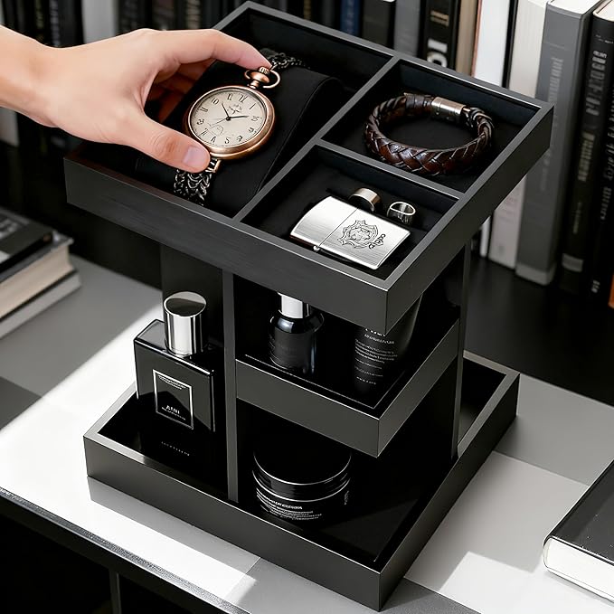 Rotating Cologne Organizer for Men, 3-Tier Large Capacity Wooden Perfume Stand with 360° Display, Desk & Dresser Organizer for Cologne, Watches & Accessories, Gift for Husband, Dad & Men (Black)