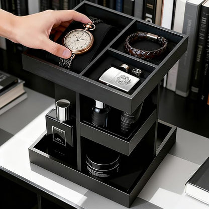 Rotating Cologne Organizer for Men, 3-Tier Large Capacity Wooden Perfume Stand with 360° Display, Desk & Dresser Organizer for Cologne, Watches & Accessories, Gift for Husband, Dad & Men (Black)