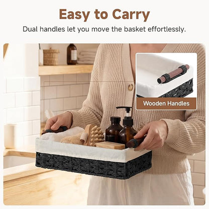 StorageWorks Small Baskets for Organizing with Wooden Handles and Liner, Wicker Toilet Paper Baskets for Back of Toilet Basket, Black Paper Rope Bathroom Basket Organizer and Storage for Decor, 2 Pack