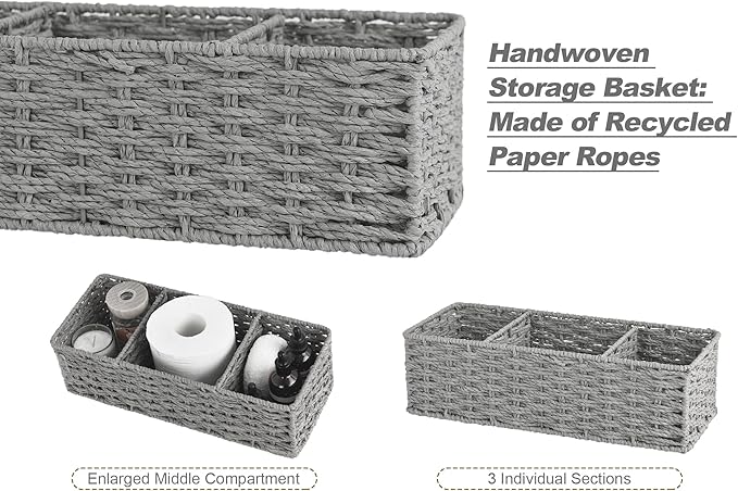 StorageWorks 3-Section Wicker Baskets for Shelves, Hand-Woven Round Paper Rope Storage Baskets, Gray, 2-Pack