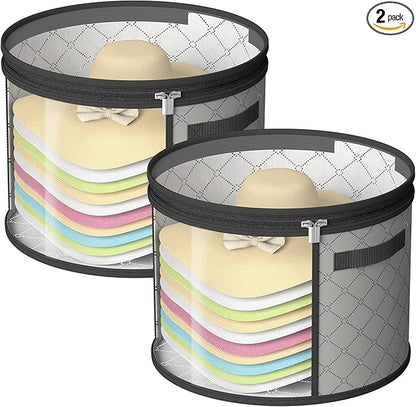 Veki 2pack Clear Hat Organizer for Closet, Hat Boxes for Women Storage With Dustproof Lids, Hat Box for Travel and Storage, Cowboy Hat, Stackable Round Brim Hats Organizer Bag Container (Gray)