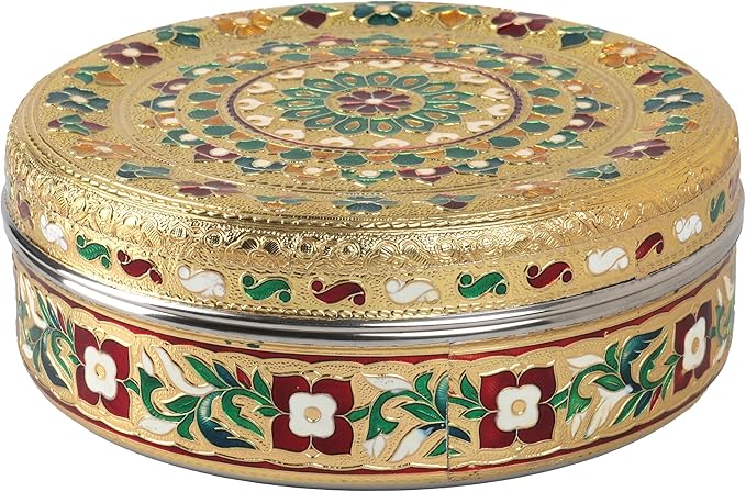 NAVRANG Stainless Steel Spice Box Masala Box/Dabba Decorative Meenakari (7 Steel Cups With 1 Spoon) Multi Colour