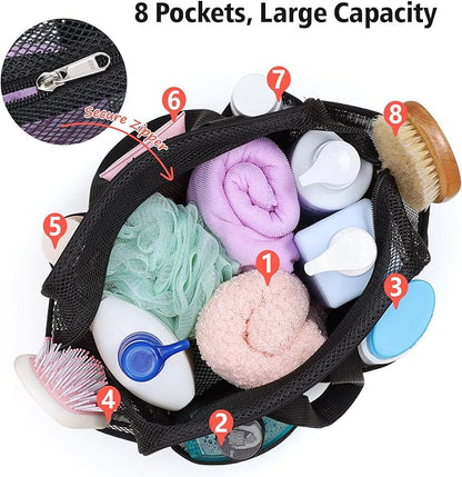 F-color Mesh Shower Caddy Portable with Zipper - Upgrade Deeper 7 Pockets Dorm Room Essentials for Guys Girls with S Hook, Shower Bag Basket Tote for College Camping Toiletry Bathroom, Black
