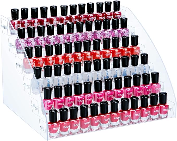 KINGROW Nail Polish Organizer Holder Rack 6 Layers Acrylic Display Shelf For Eyeglasses Essential Oils Ink Storage Holds Up to 96 Bottles (Fit 1-2oz Bottles)