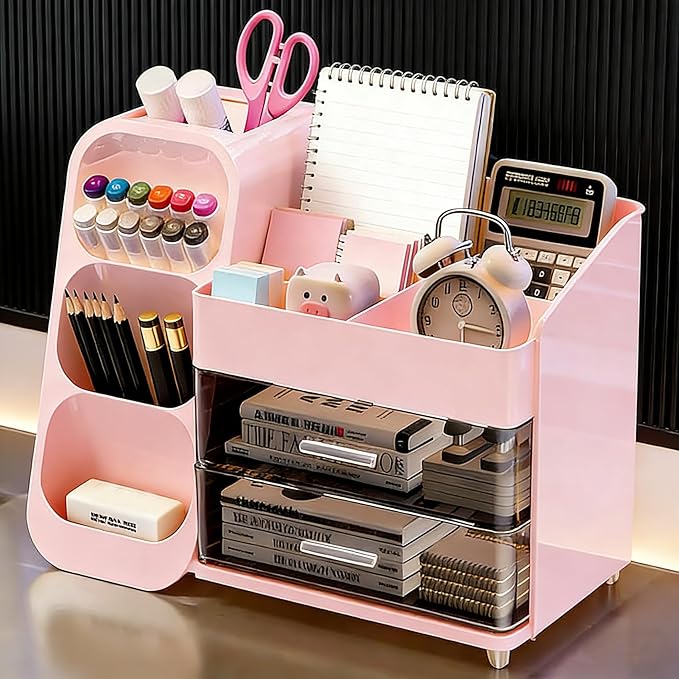Makeup Organizer Countertop, Spacious Cosmetic Display Case with Makeup Brush Holder, Perfect Vanity Bathroom Organizer and Storage, Pink