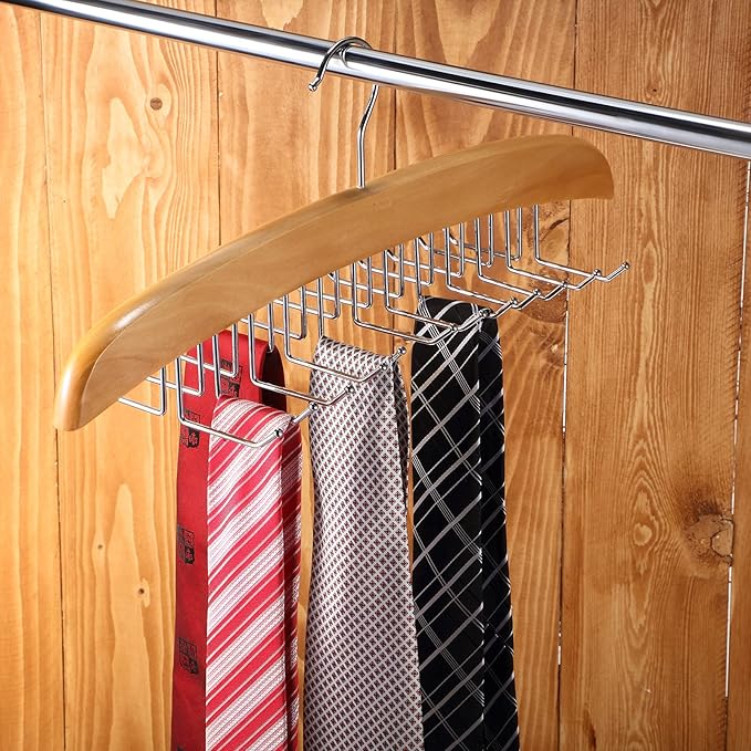 Jetec 2 Pieces Tie Rack Tie Hanger 24 Hooks Wooden Tie Rack Hanger for Closet 360 Degree Rotating Belt Holder Tie Organizer for Men Women Bras Tank Tops Camisoles(Natural Wood Color)