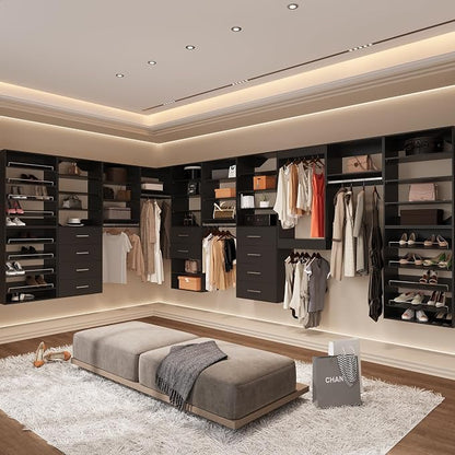 Modular Closet System, 84" Wide Closet Organizer System with Hanging Shelving , Wood Tower Closet Storage for Walk In Closets, Wall Mounted Wardrobe Organizer Kit System, Bedroom, Black