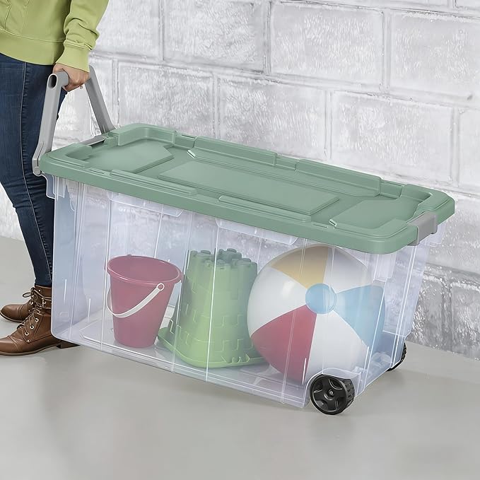 160 Quart Durable Clear Storage Container with Latch Lid and Pull Handle, Light Green, 2 Pack