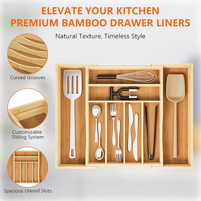 Expandable and Adjustable Bamboo Drawer Organizer Tray - Cutlery & Flatware Organizers for Kitchen Utensils, Silverware Organizer with Dividers, 6-8 Slots with Curved Grooves (Natural)