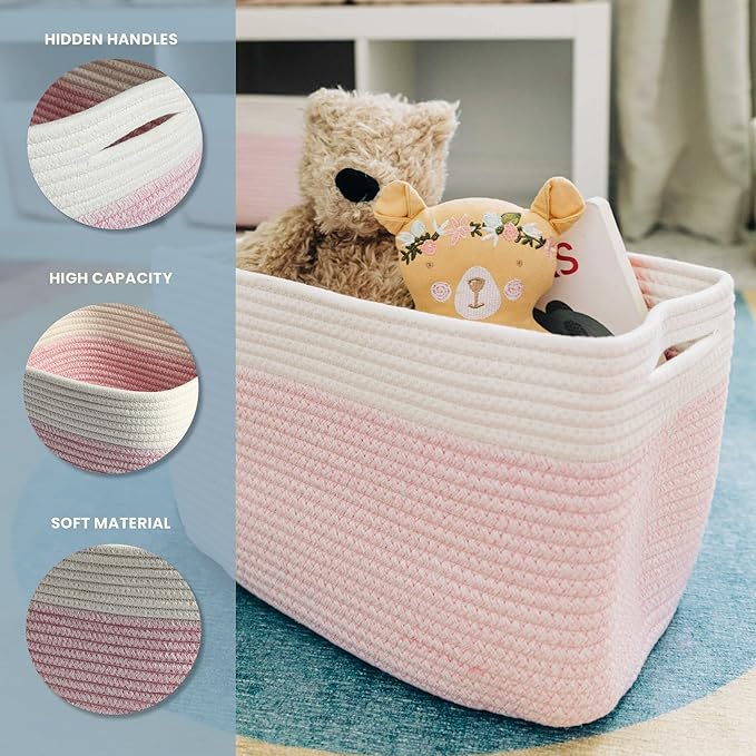 Pink Cotton Rope Baskets for Shelves, Set of 3-15"×10"×9½" - Colorful Storage Baskets for Kids - Nursery, Playroom, Classroom - Toy Storage, Books, Towels
