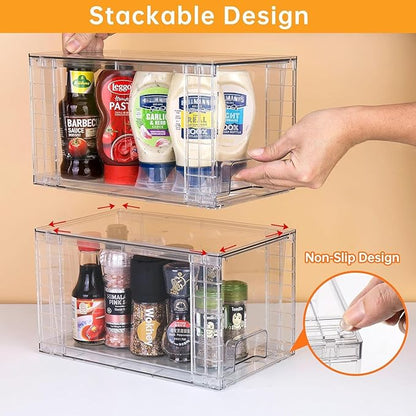 1Pack Large Stackable Kitchen Storage Drawers, Clear Foods Organizer Bins with Handles, Easily Assemble for Bathroom, Kitchen, Pantry, Cabinet, Closet(XL-UP Handle)