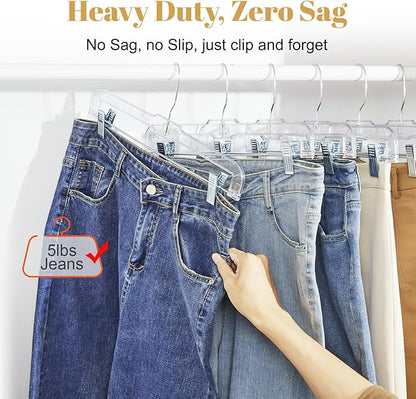 HOUSE DAY 50 Pack Skirt Hangers Pant Hangers with Clips, Clear Plastic Hangers for Pants, Skirts, Shorts, Versatile Use Clip Hanger, Retail Hanger