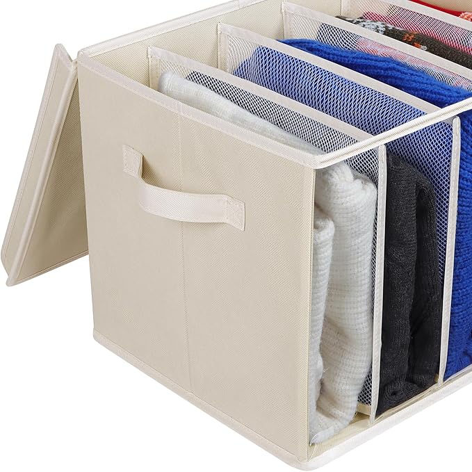 Zilink Upgraded Clothes Organizers with Lids and Support Boards Large Sweater Organizer for Closet Shelf with 5 Grids Divider Wardrobe Organizer for Sweaters, Jeans, Pants, Beige, 3 Pack