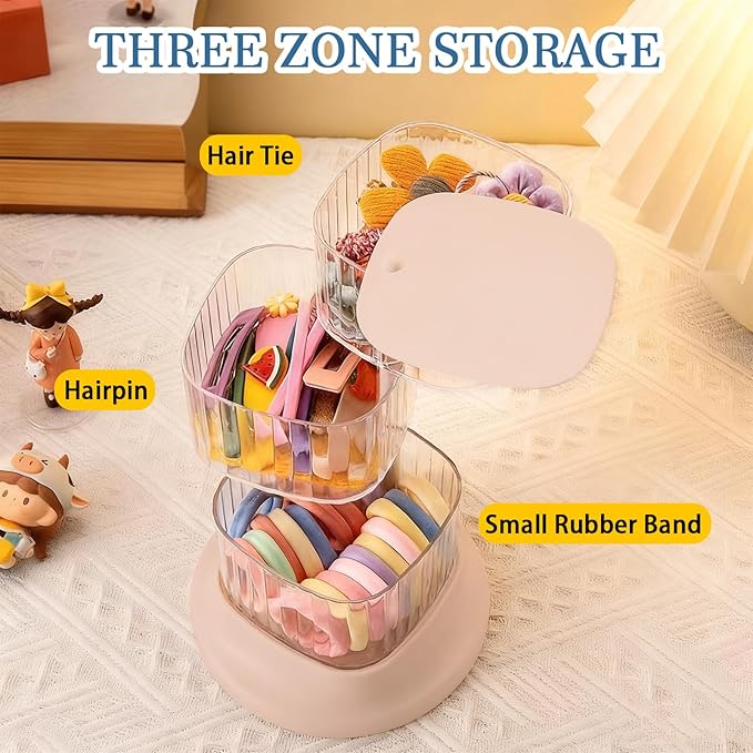 Hair Accessory Organizer, 2-Layer Rotating Clear Hair Tie Organizer for Hair Clips, Headbands, Hair Ties, Earring, Necklace, Ring, Jewelry Boxes & Organizers for Girls & Women (2 Layer-Pink)