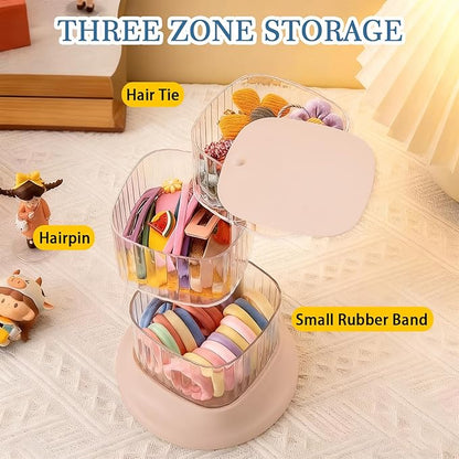 Hair Accessory Organizer, 2-Layer Rotating Clear Hair Tie Organizer for Hair Clips, Headbands, Hair Ties, Earring, Necklace, Ring, Jewelry Boxes & Organizers for Girls & Women (2 Layer-Pink)