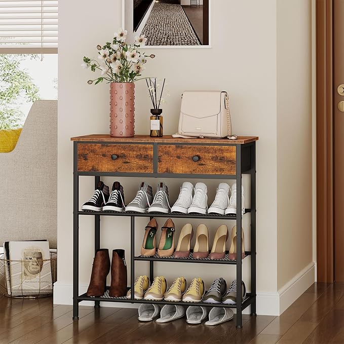 Snughome Shoe Rack for Entryway, 4 Tier Shoe Organizer with 2 Non-Woven Drawers, Shoe Storage Shelves with Sturdy Wooden Top and Metal Shelves, Shoe Stand for Closet