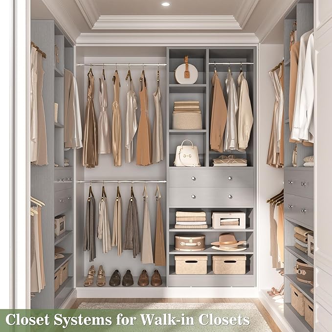 Besiost Closet System, 4.2–8.8 FT Closet Organizer with 2 Wooden Drawers and Shelves, Walk-in Closet System with 5 Hang Rods, Built-in Reach in Closet Tower, Can Fit 60 to 96 inch, Morandi Grey
