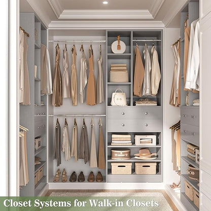 Besiost Closet System, 4.2–8.8 FT Closet Organizer with 2 Wooden Drawers and Shelves, Walk-in Closet System with 5 Hang Rods, Built-in Reach in Closet Tower, Can Fit 60 to 96 inch, Morandi Grey