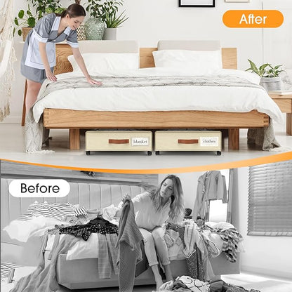 SpaceHacks Under Bed Storage with Wheels 2Pack Underbed Storage with Clear Window&Label Under Bed Drawers Large Capacity Rolling Under Bed Storage for Clothes,Shoes, Blankets (Beige)