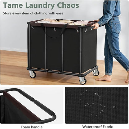 FAVOOSTY 470L Heavy Duty Commercial Laundry Cart with Wheels,Industrial Rolling Laundry Hamper, Extra Large Laundry Basket, Metal Frame for Hotel/Hospital/Home, 440lbs (Black)