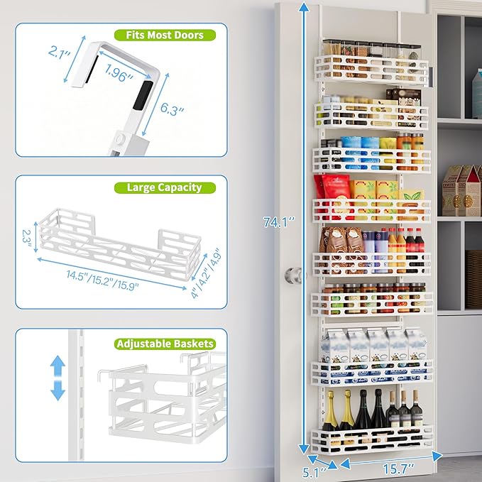 Over the Door Pantry Organizer, Pantry Organization and Storage, 8 Tier Pantry Door Spice Rack Organizer, Metal Over Door Organizer Home Office Laundry Room Bathroom & Kitchen Organization, White