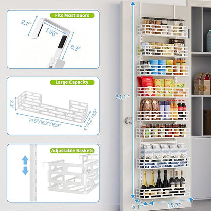 Over the Door Pantry Organizer, Pantry Organization and Storage, 8 Tier Pantry Door Spice Rack Organizer, Metal Over Door Organizer Home Office Laundry Room Bathroom & Kitchen Organization, White