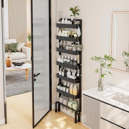ABCOOL Behind Door Storage Organizer Rack, 6 Tier Adjustable Hanging Baskets Free Standing Thin Metal Space Savers Room Storage Organizers, Back of Door Heavy Duty Storage