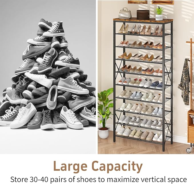 10-Tier Shoe Rack Holds 40 Pairs, Space Saving Shoe Organizer for Entryway Closet Apartment, Industrial Metal Shoe Shelf with Wooden Top, Rustic Brown