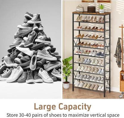 10-Tier Shoe Rack Holds 40 Pairs, Space Saving Shoe Organizer for Entryway Closet Apartment, Industrial Metal Shoe Shelf with Wooden Top, Rustic Brown